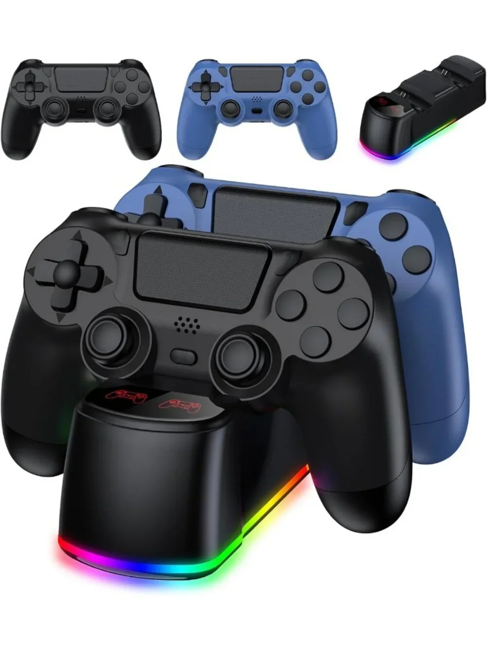Wireless Game Controller 2-Pack with LED Charging Dock & USB Cables for PS4